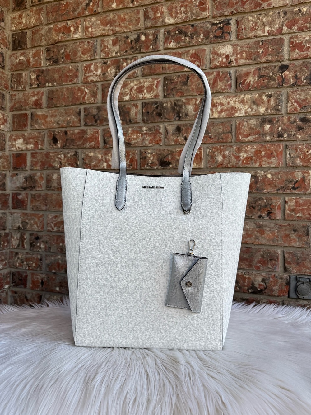 Michael Kors White Logo Tote Bag with Silver Charm
